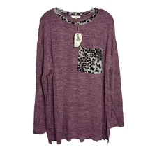 Easel Long Sleeve Tunic Top Womens L Mauve Leopard Knit Brushed Hacci Pleat Back