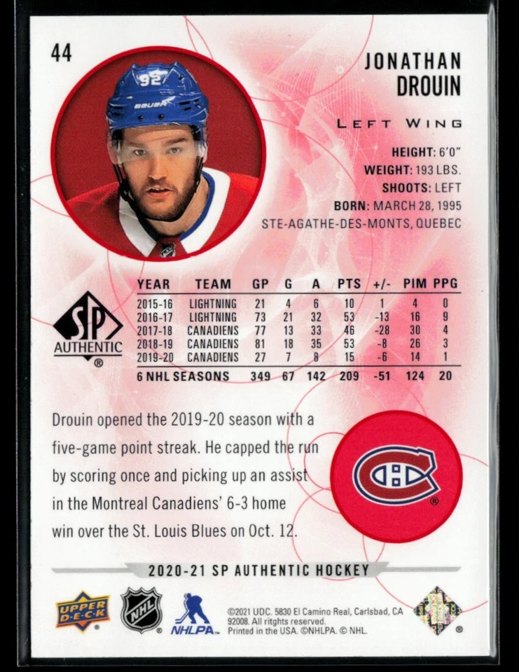 2020-21 SP Authentic Limited Red Jonathan Drouin #44 - Image 2 of 2