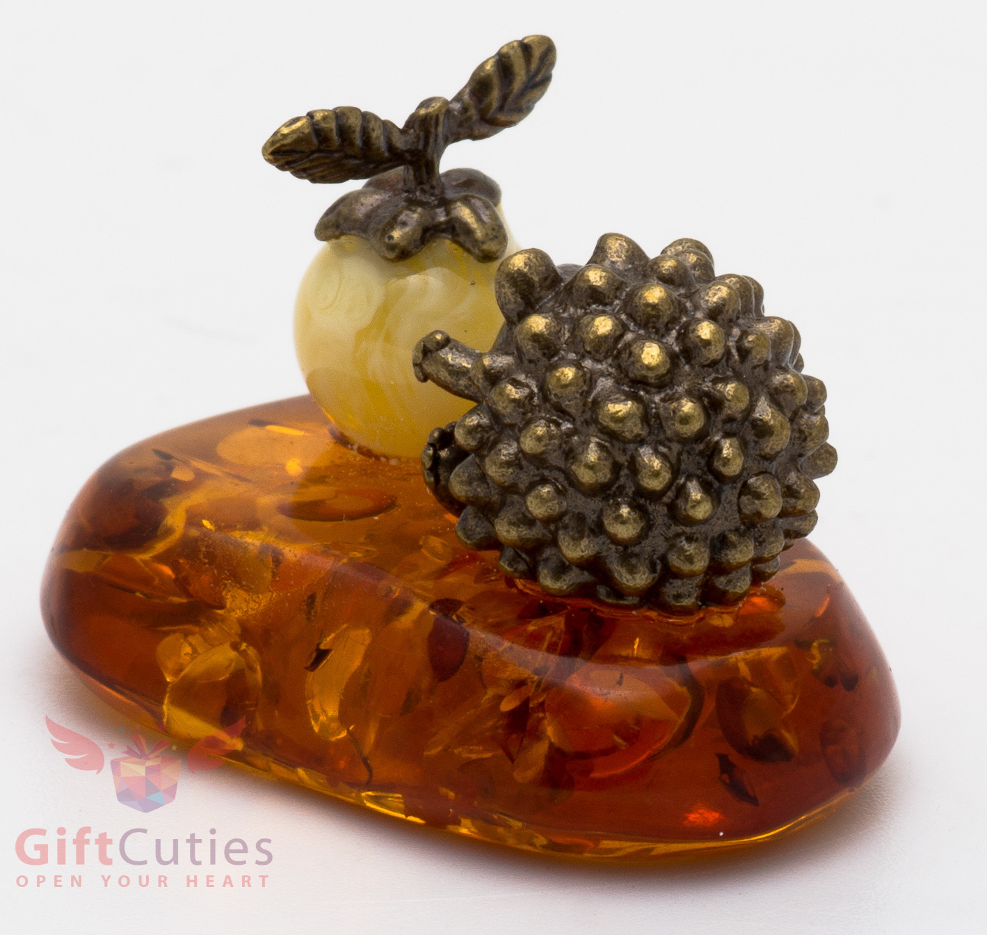 Solid Brass Amber Figurine of Hedgehog with Apple Totem talisman
