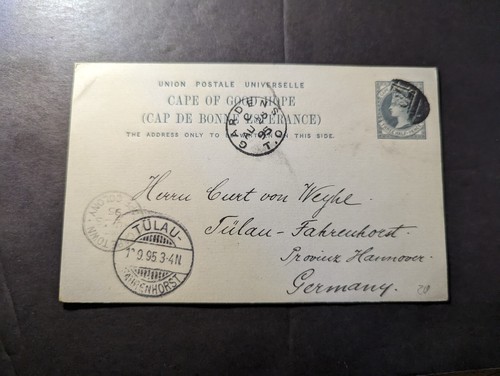 1895 British Cape of Good Hope South Africa Postcard Cover to Tulau Germany