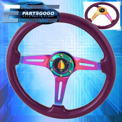 Universal 6 Bolt 345mm Steering Wheel Neo Chrome 3 Spokes Purple Trim Fukushi