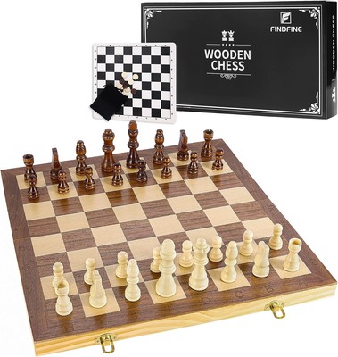 2- in-1 Magnetic 15'' Wooden Chess and Checkers Board Game Set for Kids Adults