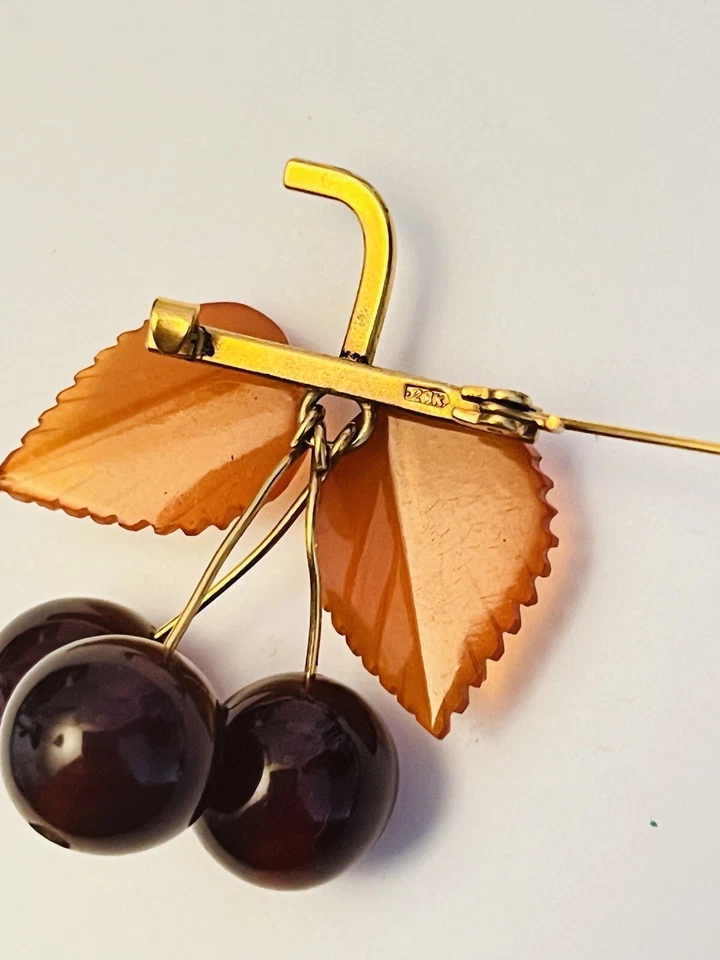PIN BROCHE CEREZA ÁMBAR BÁLTICO NATURAL Genuino De Colección Oro 22k 8gm Figura Dinamarca Foto 4 de 4