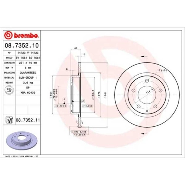 Brembo 2X Bremsscheibe Hinten 261 Voll FüR Mazda Premacy Cp 626 V 08.7352.11-image