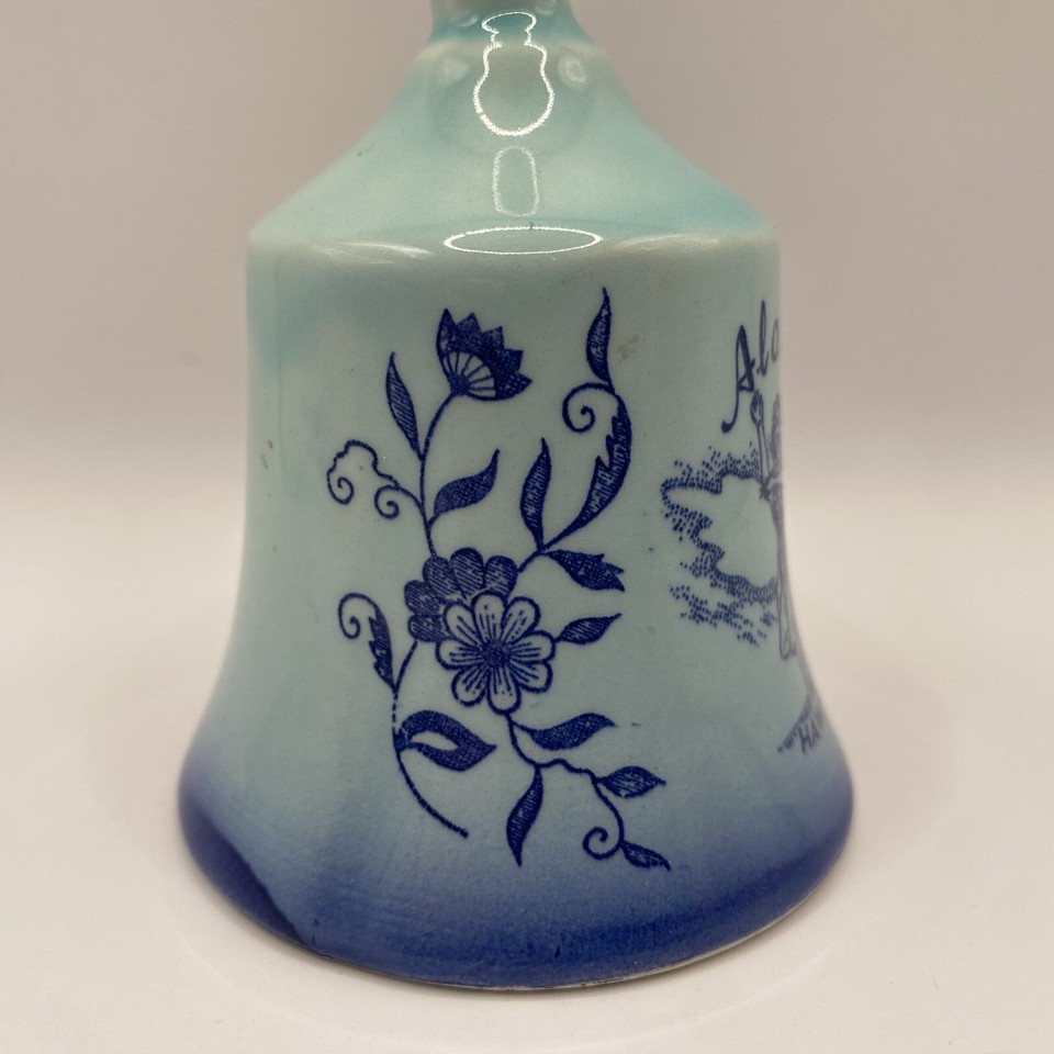 Vintage Hawaii Ceramic Hand Bell Souvenir Hula Girl Blue Hawaiiana Made