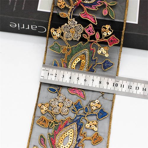 1Yd Embroidered Sequins Lace Trim Ethnic Sew on Ribbon Clothes Accessories DIY - Picture 2 of 5