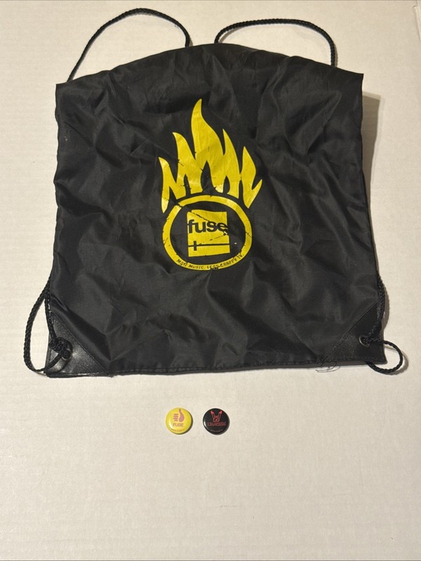 Vintage Fuse TV Music Backpack Drawstring W/ Fuse & URANIUM Pin Back Button