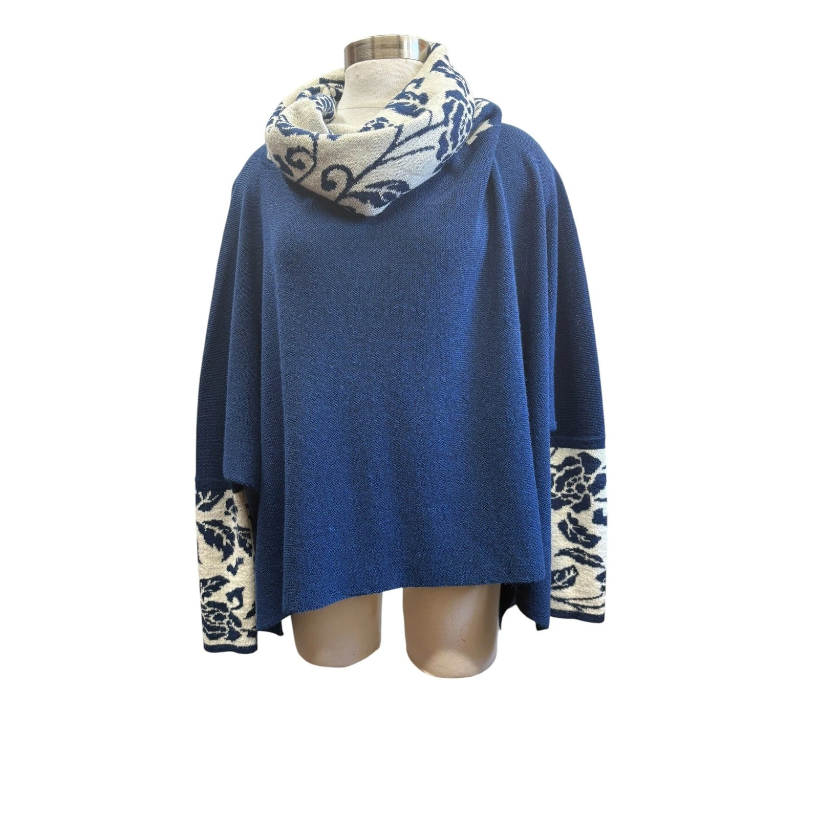 Simply Natural Alpaca Blue Cowl Neck Sweater Floral Trim Poncho Pullover OS