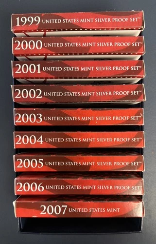 Lot Of 9 — 1999-2007 9 and 10 Coin United States Silver Proof Set W/Box and COA