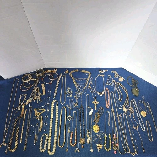 Lot of 67 Gold Tone Wearable Jewelry Bracelet Necklace Pendant Vintage To Mod