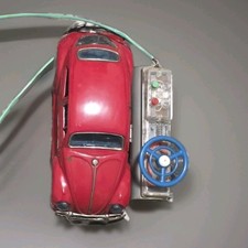 Rare Vintage 1960s Bandai VW Beetle Red Tin Toy Japan Friction Car 22cm Working