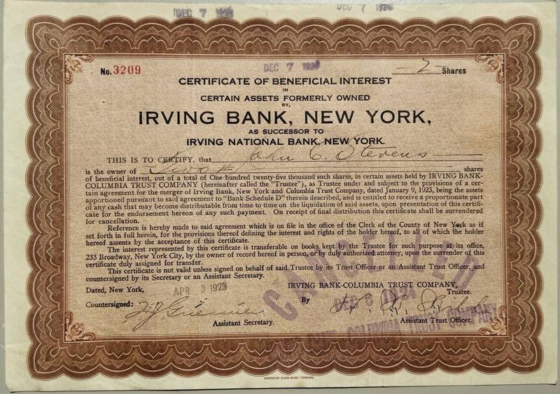 Irving Bank and Trust Company  1923 dated Banking Stock Certificate