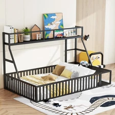 Full Size Floor Bed Frame with Safety Fence, Metal Floor Bed with Desk and Stora