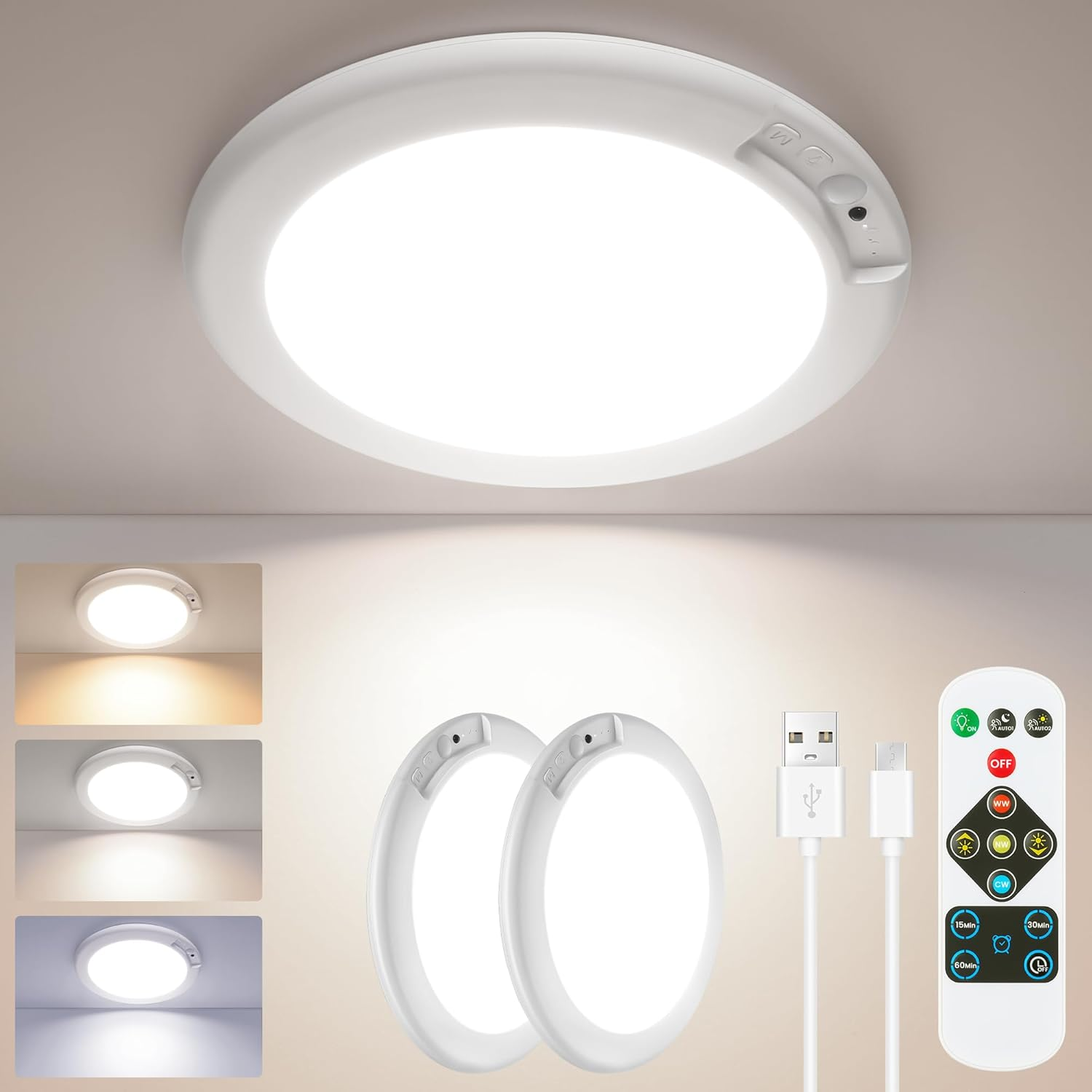 2Pack Rechargeable Motion Sensor LED Ceiling Light with Remote, 3CCT Cordless Cl