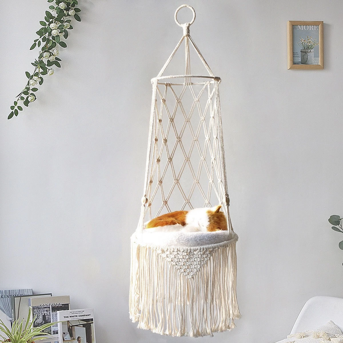 Macrame hanging pet bed Cozy suspended cat hammock handmade indoor pet lounger
Opens in a new window