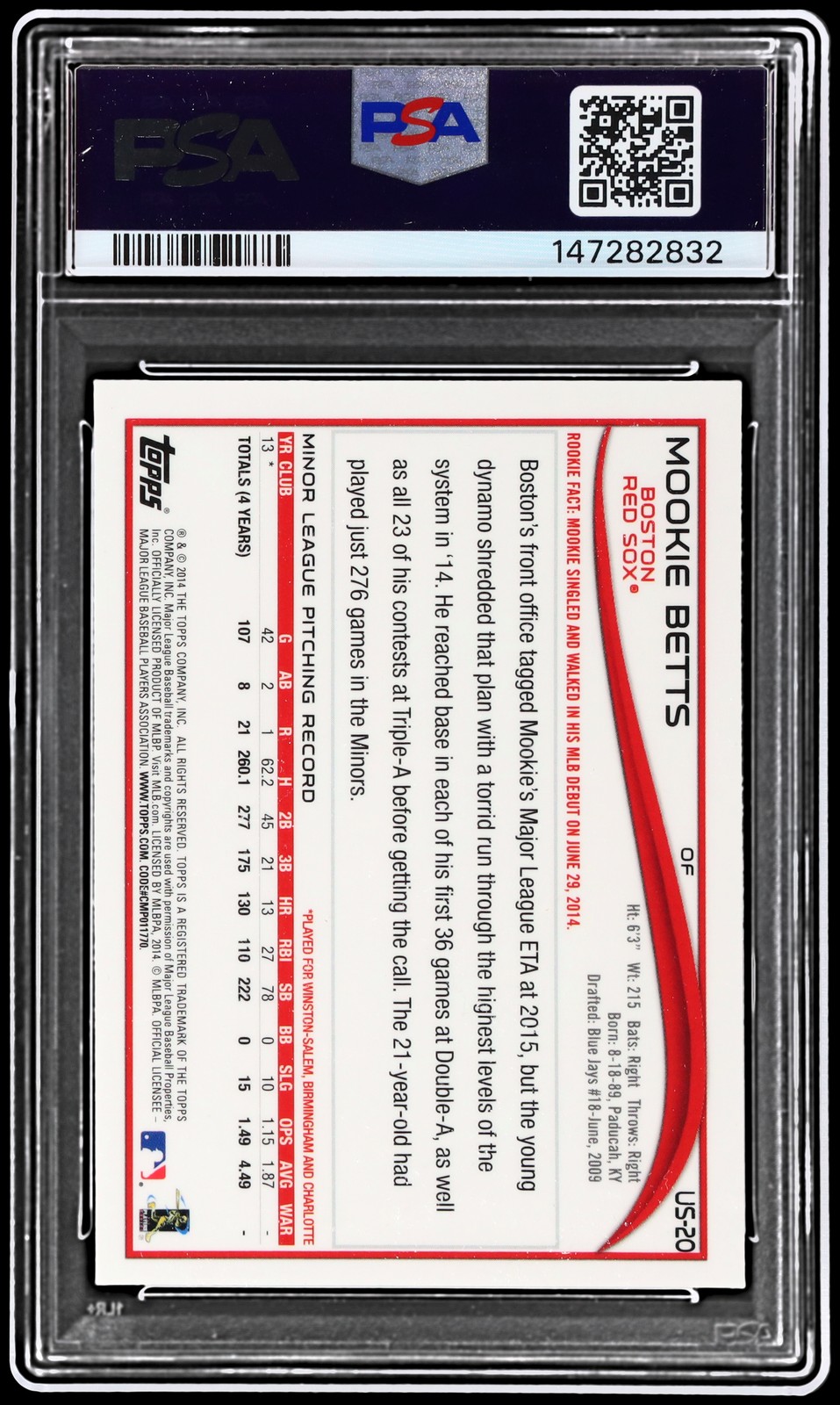 2014 Topps Chrome Mookie Betts #US20 PSA 10 RC Update Baseball Gem Mint Us-20 view 2