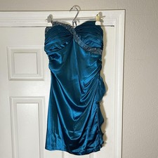 Blondie Nites Dress Juniors 9 Blue Satin Strapless Beaded Ruched Mini Prom Party