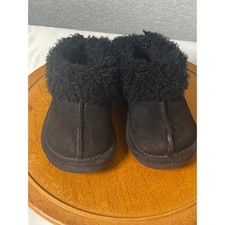 Kids Black Faux Suede Slippers Faux Fur Trim Slip On House Shoes Size 7