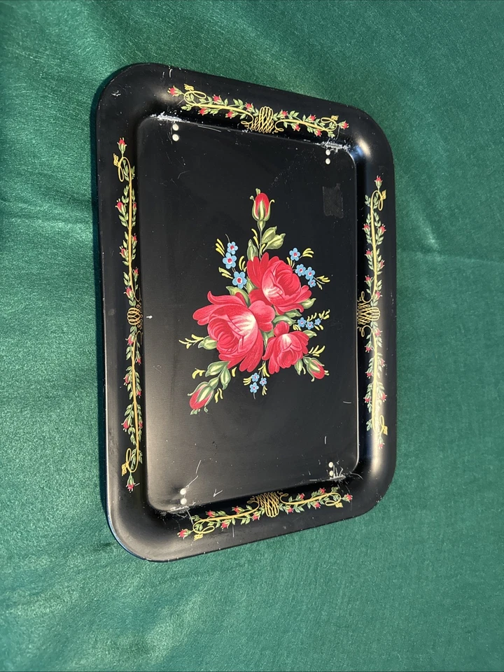 Vintage TV Bett Schoß Tablett MCM Tole lackiert schwarz rosa Blumen klappbare Beine 60er