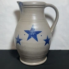Handmade Rowe Pottery Works Large Pitcher 2000 Cambridge WI 3 Blue Stars