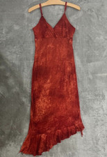 Y2K VTG Asymmetrical Crushed Micro Mesh Ruffle Hem Midi Dress Red Friends Sz M