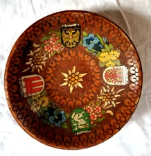 VTG Hand Made Painted Wood Burn Pyrography Austria Souvenir Bowl Wall Folk Art