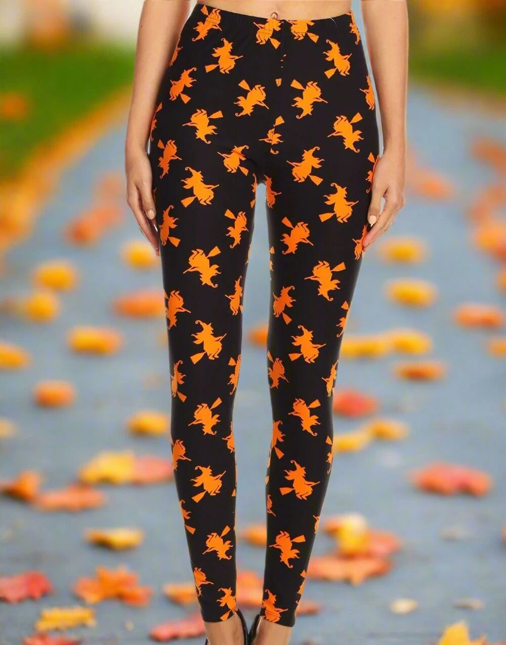 Halloween Orange Witch Print Black Leggings