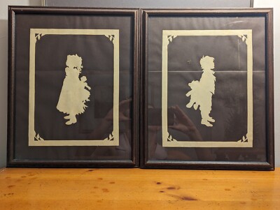 Lot Of 2 Silhouette Picture Little Girl, Little Boy, Brown Ivory, Framed 