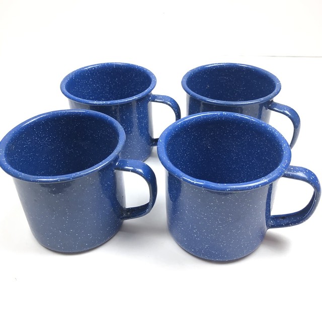 4 Tin Metal Coffee Mugs Blue Speckled Enamel Travel Picnic Camping eBay