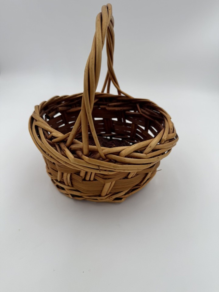 Vintage Hand Woven Round Wooden Basket with Handle Solid Wood 8” L X 9