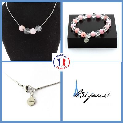 Schmuck Armband Halskette Perlen Opal Rose + Quarz 8 mm. Kette in Perso Size