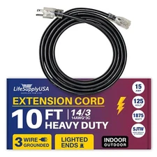 10ft Power Outdoor Extension Cord & Indoor - Waterproof Electric Drop Cord Cable