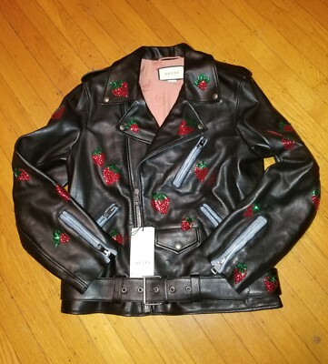 希少GUCCI ライダース GUCCI Lambskin Leather Biker Jacket Hand Beaded Strawberries