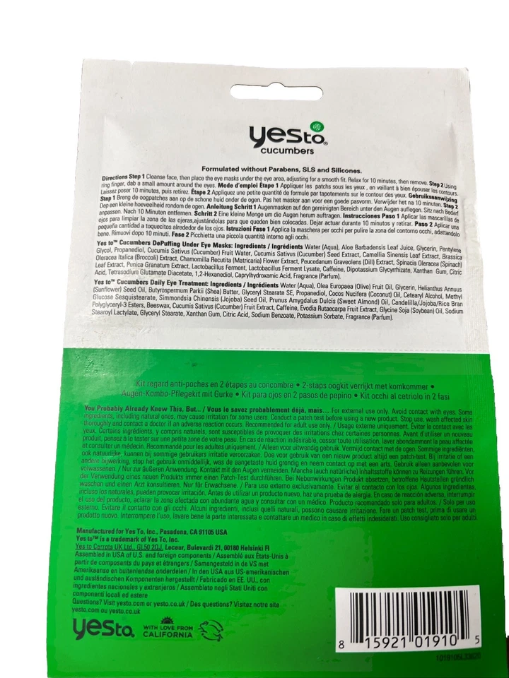 Yes To Cucumbers Two Step Eye Kit Daily Eye Treatment & Under Eye Masks 5 Pack - Image 3 of 3