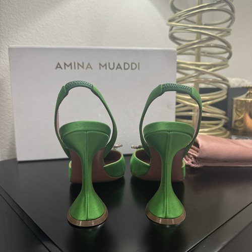 Amina Muaddi Begum 95 Slingback Pump Satin Shamrock Green 36.5 - Picture 6 of 9