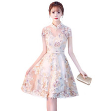 Women Cheongsam Dress Mesh Short Sleeve Floral Embroidery A-line Bowknot Elegant