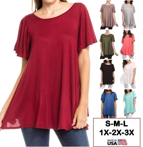 USA Women Long Tunic Top Ruffle Short Sleeve Scoop Neck A-Line Blouse S M L PLUS