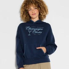 Women's Champagne Chalet Whipstitch Graphic Hooded Sweatshirt - Navy Blue L