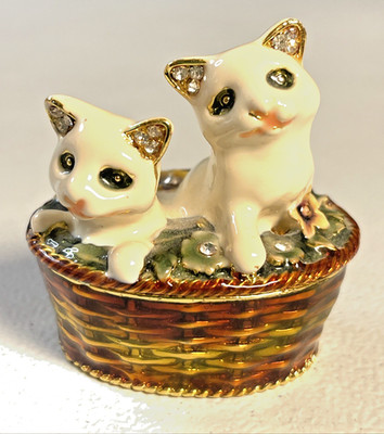 Cute Cat Kitten in Basket W/Rhinestones Enamel Trinket Box