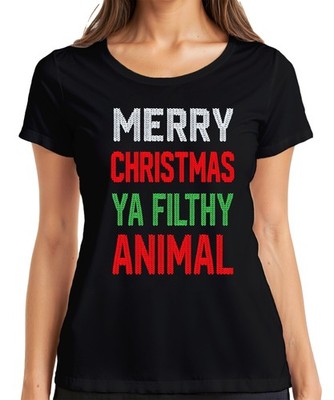 Merry Christmas Ya Filthy Animal Christmas Knit Look Ugly Sweater Womens T-Sh
