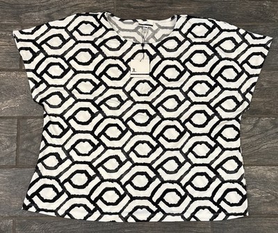 Jules & Leopold Scoop Neck Top Artsy SS Stretch 2X Lightweight Black White Comfy