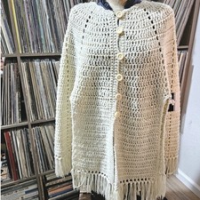 70s Crochet Fringe Poncho Cardigan Cream M/L Vintage Boho Button Front