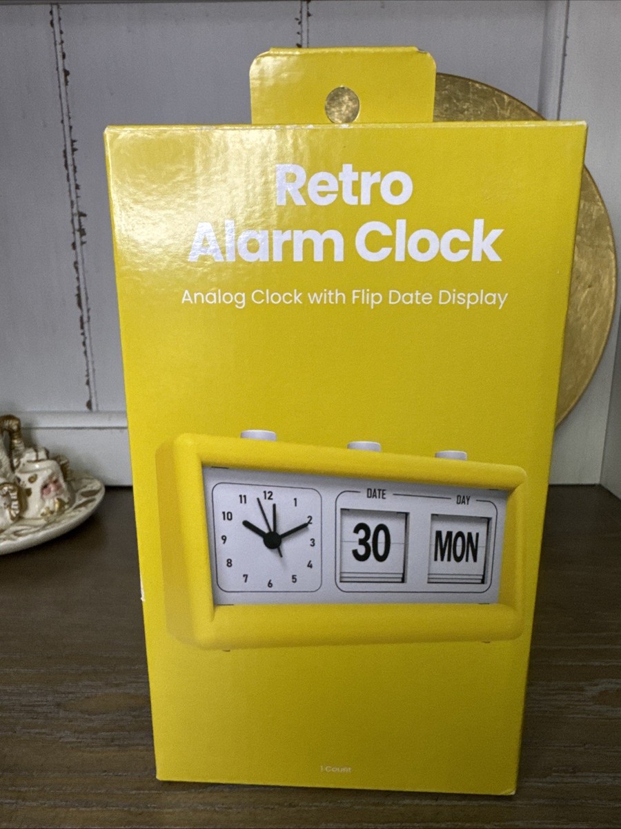 Gems Retro Alarm Clock Flip Date Day Analog Yellow Desk Clock
