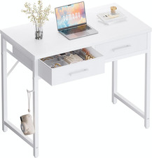 Small Computer Desk White Table 32 Inch with 2 Drawers for Office Home Bedroom