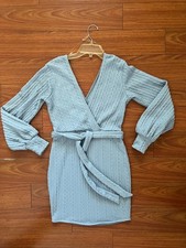 Women's Knit Wrap dress long sleeve V-Neck Tie Waist Light BLue Size M