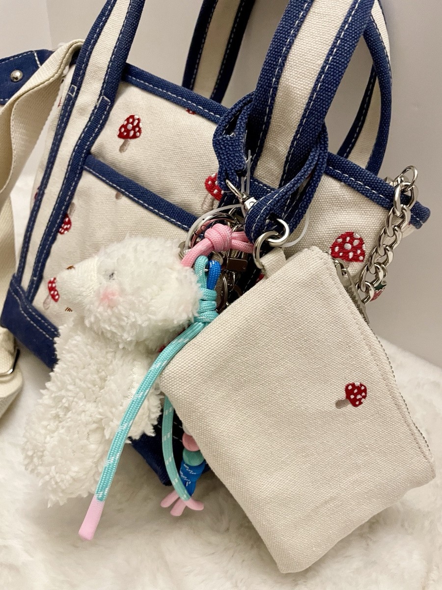 Madden Girl Cream Blue Mini Tote Crossbody Bag Mushrooms
