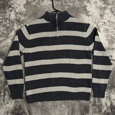 Chaps Mens Quarter Zip Sweater Navy Blue Gray Striped Cotton Knit Pullover M