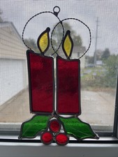 Stained Glass Christmas Candles  Holly Suncatcher Window Hanging