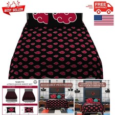 Anime Fantasy Queen Bed Set - Naruto Cloud Design, Machine Washable, 4-Piece