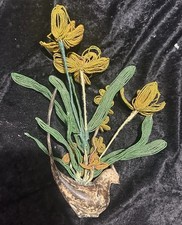 vintage french Glass Seed Bead Yellow flowers With Vintage Bird Vase   